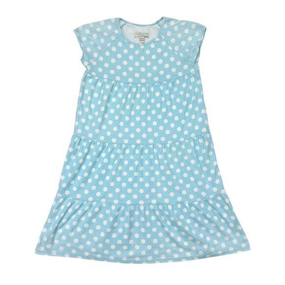 Garnet Hill Dress Size 8 Blue Polka Dot Mini Green Cotton Tiered Shift Summer - Picture 1 of 9